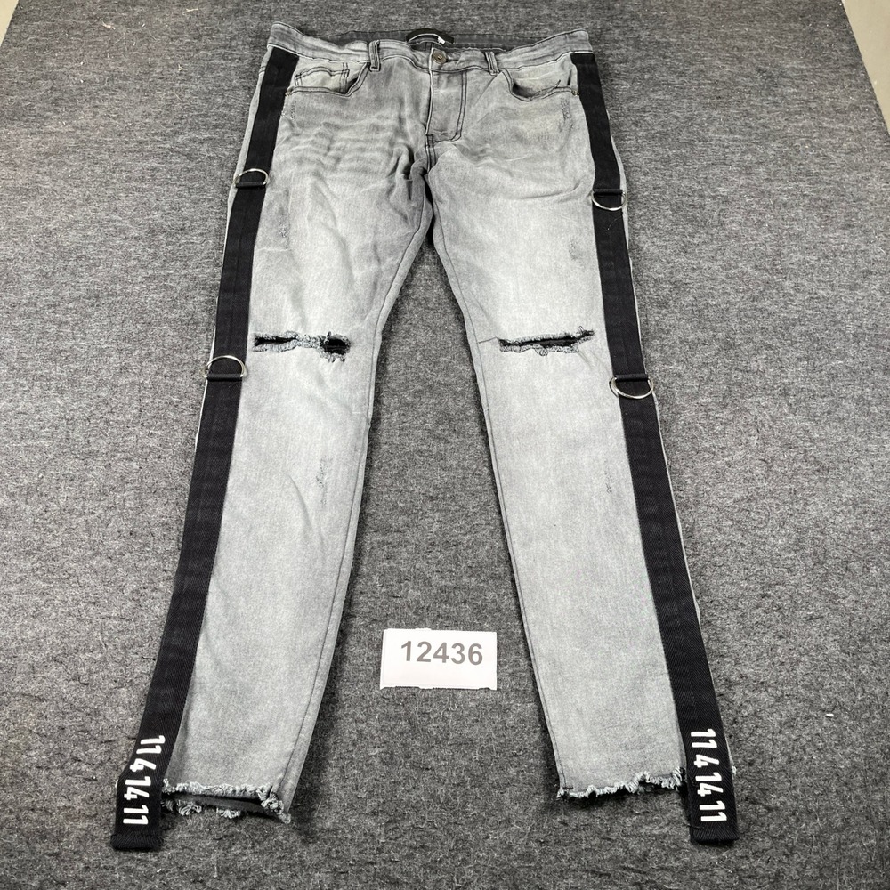 KDNK Skinny Jeans Mens 36 Gray Frayed Hem Distressed Whiskers Detail Outdoor